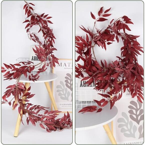 Artificial Hanging Willow Leaves Vine Twigs 2Pcs 5.7Ft Fake Silk Burgundy Leaf - Picture 2 of 7